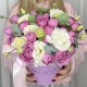 Прекрасная сборная коробка  Bloom room, пионовидная кустовая роза, эустома и эвкалипт