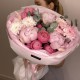Малиновый букет  Bloom room, пион, пионовидная кустовая роза, хризантема, лагурус сухоцвет